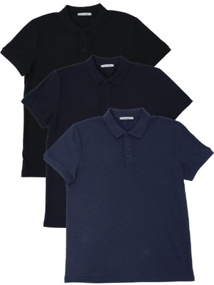 Polo State Erkek Regular Fit Polo Yaka 3lü T-Shirt Lacivert-Siyah-Indigo