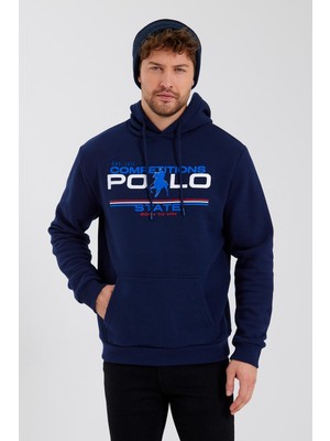 Polo State Erkek Kapüşonlu Baskılı 3 İplik Sweatshirt Lacivert