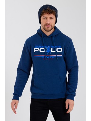 Polo State Erkek Kapüşonlu Baskılı 3 İplik Sweatshirt İndigo