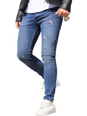 Hacker S 1000-638 Erkek Denim Tom Lazer Tırnaklı Slim Likralı Kot Pantolon - Mavi - ST00229-MAVI-34