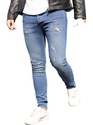 Hacker S 1000-638 Erkek Denim Tom Lazer Tırnaklı Slim Likralı Kot Pantolon - Mavi - ST00229-MAVI-34