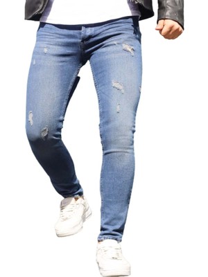 Hacker S 1000-638 Erkek Denim Tom Lazer Tırnaklı Slim Likralı Kot Pantolon - Mavi - ST00229-MAVI-34