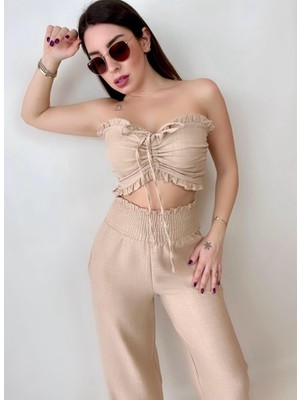 Mimi Fashiontr Keten Crop Pantolon Takım