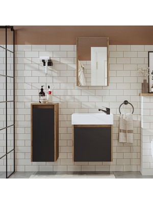 Roomart Ayaksız Tek Kapaklı Lavabolu 50 cm Banyo Dolabı ve Aynalı Üst Dolabı ve Boy Dolabı