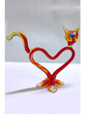 Cam Sanatı Kedi Kalpli Kırmızı Renk 10 cm Yükseklikte