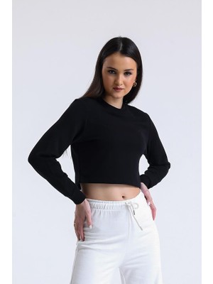 Pulur.co Siyah Bisiklet Yaka Crop Sweatshirt