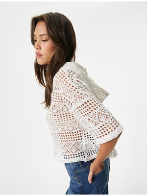 Koton Kadın Crop Ajurlu Sweatshirt Ekru Renk Truvakar Kol ile Şık ve Rahat