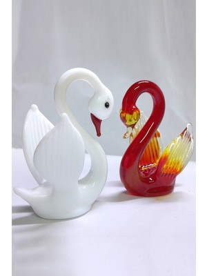Cam Sanatı Kuğu Kırmızı Beyaz 2 Li 10 cm Yükseklikte