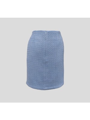 Abas Tüvit Kumaş (Chanel Kumaş) Mavi Mini Boy Astarlı Düz Etek