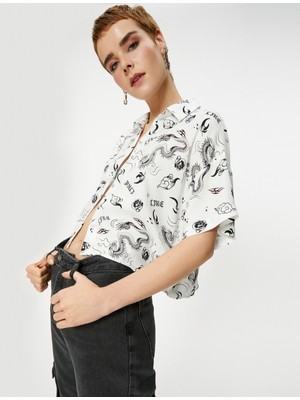 Koton Rahat Kalıp Crop Gömlek Ejderha Baskılı Viskoz Kumaş Kısa Kollu
