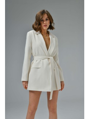 Saade Ekru Kuşaklı Ceket Kadın 46 Beden Kırışmaya Dayanıklı Polyester Astar Özellikli