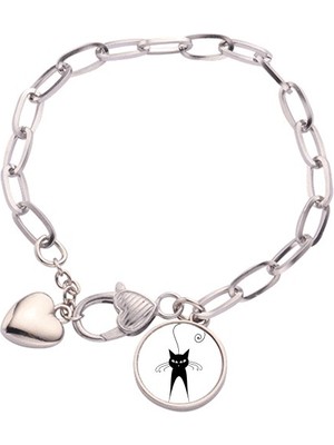 Diythinker Cute Black Cat Pet Love Animal Art Outline Heart Chain Bracelet Jewelry Charm Fashion (Yurt Dışından)
