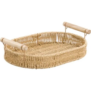Çırpan Ev Sentetik Hasır Oval Ahşap Kulplu Tepsi 30 Cm