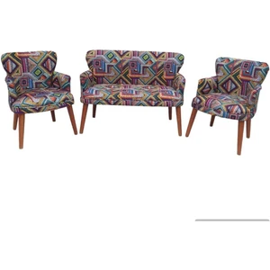 Desen Kumaş Ahşap Ayaklı Kollu Ofis Koltuk Takımı Bekleme Koltuğu Çay Seti Koltuk Takımı