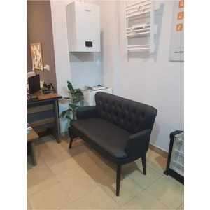 Garden House 2'Li Siyah Deri Ahşap Ayaklı Ofis Koltuğu Kafe Koltuğu Bekleme Koltuğu Çay Seti Koltuk