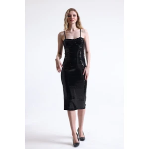 Gloplu Pul Payet Uzun Abiye Elbise | ELB3368 Siyah