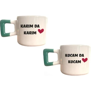 Mor Mürekkep Karım Da Karım, Kocam Da Kocam Baskılı Yeşil Kare Kupa Set