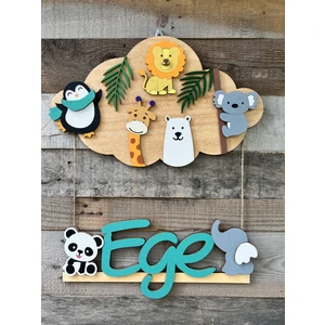 Baykuş Craft Mimarlık Özel Tasarım Bulut Safari Hayvanlı Bebek İpli Ahşap Kapı Süsü