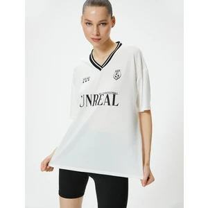 V Yaka Tişört Baskılı Uzun Rahat Kesim Kısa Kollu