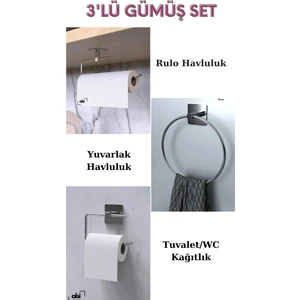 Alsi Home Yapışkanlı Gümüş Rulo Havluluk Wc Tuvalet Kağıtlık ve Yuvarlak Havluluk Banyo Mutfak 3'lü Set