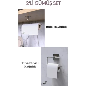 Alsi Home Yapışkanlı Gümüş Rulo Havluluk Wc Tuvalet Kağıtlık Banyo Mutfak 2'li Set