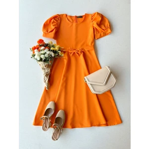 Küçüğüm Butik Karpuz Kollu Kadın Krep Midi Boy Kloş Elbise