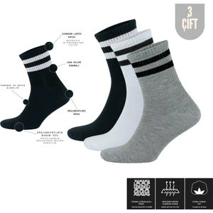 Kral Socks Lüx Kral Erkek Kadın (3 Çift) Çizgili Kolej Tenis Çorabı Pamuklu Terletmez Çorap