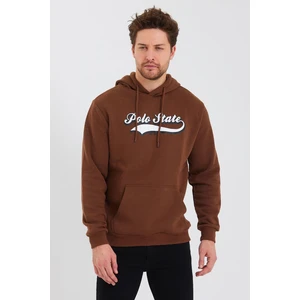 Polo State Erkek 3 İplik Pamuklu İçi Polarlı Baskılı Regular Fit Kapüşonlu Kanguru Cepli Kahverengi Sweatshirt