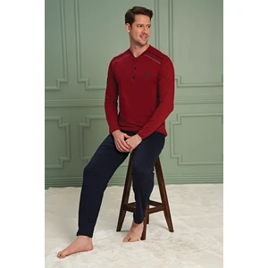 Bsm Erkek Yüksek Kalite Rahat Battal Uzun Kol 3 Düğmeli Pamuklu Bordo Pijama Takımı