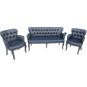 Garden House Ahşap Ayaklı Siyah Deri 3 +1+ 1 Ofis Koltuğu Bekleme Koltuğu Cafe Koltuğu 3'lü Kanepe 3'lü Koltuk