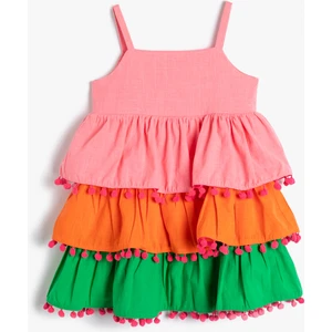 Elbise Renk Bloklu Katlı Askılı Ponpon Detaylı Pamuklu