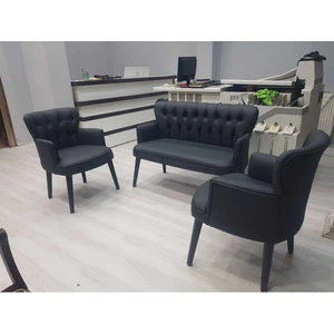 Garden House Siyah Deri Ahşap Ayaklı Kollu Ofis Koltuk Takımı Misafir Koltuğu