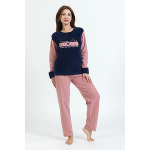 Kadın Önü Yazılı Polar Pijama Takımı Lacivert-Pembe