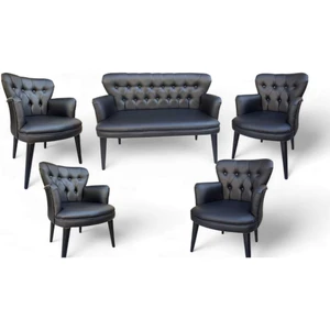 Garden House 6 Kişilik Siyah Deri Ahşap Ayaklı Kollu Ofis Koltuk Takımı Misafir Koltuğu 2+1+1+1+1