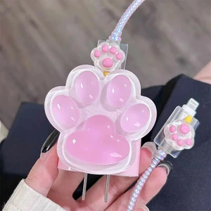 Apple iPhone 20W Uyumlu Şarj Başlık Kablo Koruyucu ve Spiral Kablo Koruyucu 3 Lü Şeffaf Pati Kedi