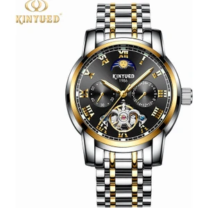 Iki Tonlu Altın Çelik + Siyah Kadran Hediye Kutusu Kinyued Tourbillon Mekanik Saatler Yüksek Kalite Paslanmaz Çelik Saat Kayışı Erkekler Için Basit Aydınlık Saat (Yurt Dışından)