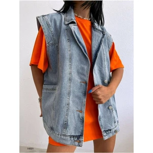 Kadın Antrasit Yan Cep Detaylı %100 Pamuk Denim Yelek Ceket