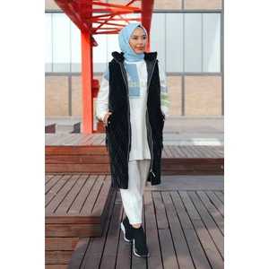 Kadın Yakası Kürklü Lastik Detaylı Kapitone Yelek MNL-025Y Siyah