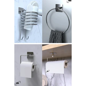 Alsi Home Yapışkanlı Gümüş Fön Askısı Wc Tuvalet Kağıtlık Rulo Havluluk Yuvarlak Havluluk Banyo Mutfak Askısı 4'lü Set