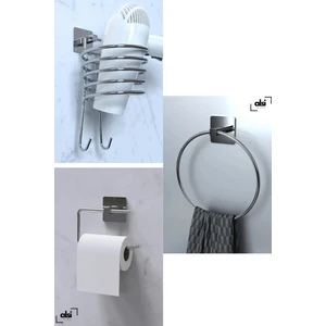 Alsi Home Yapışkanlı Gümüş Fön Askısı Wc Tuvalet Kağıtlık ve Yuvarlak Havluluk Banyo Askısı 3'lü Set