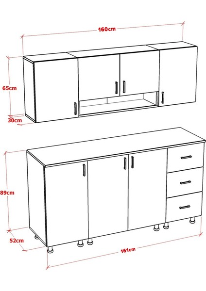 Raze Alt Üst Mutfak Dolabı Çekmeceli 160 cm (Tezgah Dahil)