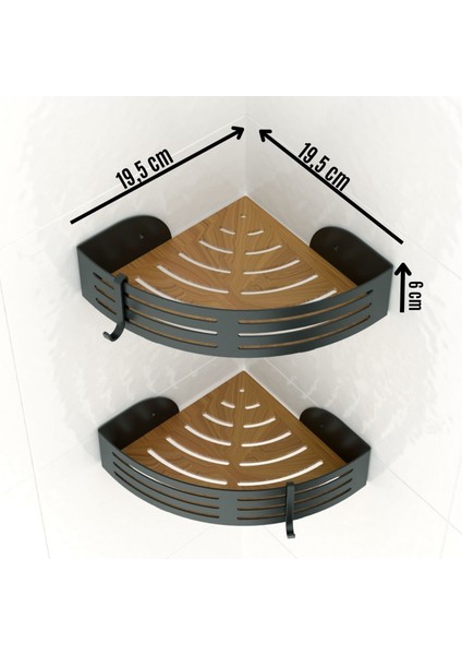 Paslanmaz Kancalı Banyo Köşe Rafı Siyah + Ahşap Desenli Taban BK269H