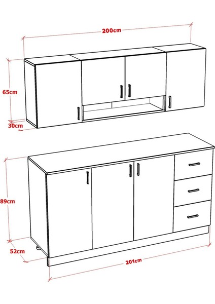 Rana Alt Üst Modül Mutfak Dolabı Çekmeceli 200 cm (Tezgah Dahil)