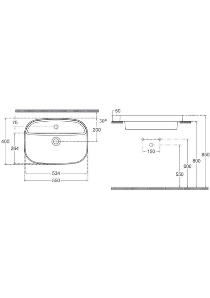 Infinity Inset Batarya Delikli Lavabo 55 cm Mat Beyaz