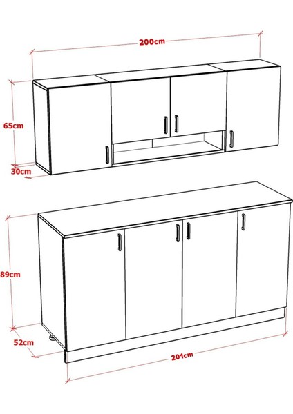 Risa Mutfak Dolabı Alt Üst Modül 200 cm (Tezgah Dahil)