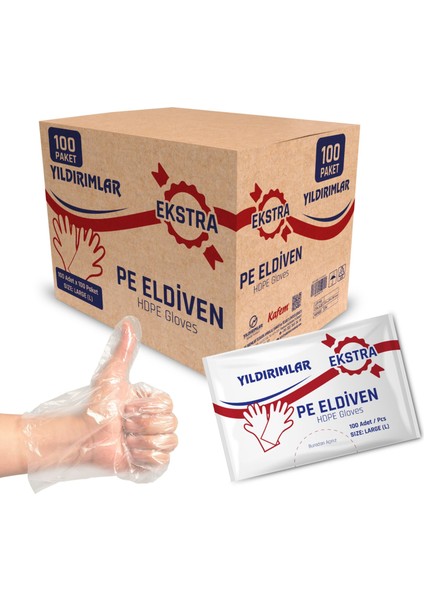 Yıldırımlar Pe Extra Tek Kullanımlık Şeffaf Eldiven 100 Lü x 100 Paket