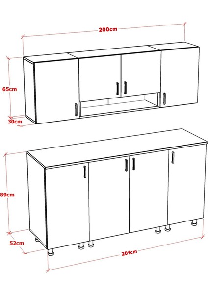 Zento Mini Mutfak Dolabı Alt Üst Modül 200 cm (Tezgah Dahil)