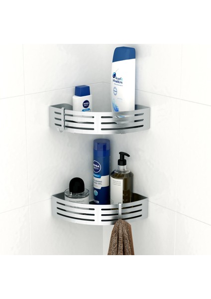 Teknotel Paslanmaz Kancalı Banyo Köşe Rafı Parlak + Siyah Taban BK269H