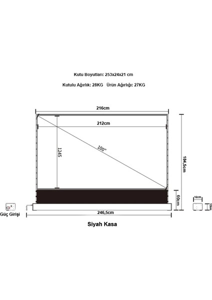 212X123 cm Taşınabilir Portatif Elektrikli Pull Up Floor Screen Projeksiyon Perdesi PEX-200