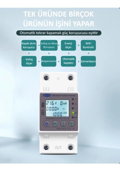 Wifi Özellikli Kaçak Akım Koruma Rölesi ve Yüksek Voltaj ve Akım Koruyucu Röle 80A - Akıllı